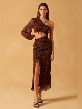NWT MISHA Bernadette One Shoulder Zebra Print Midi Dress US 6